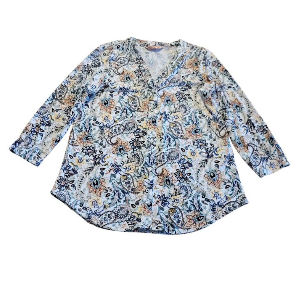 Amana Top Multicolor Floral 3/4 Sleeve Blouse Sz M Boho Peasant‎
